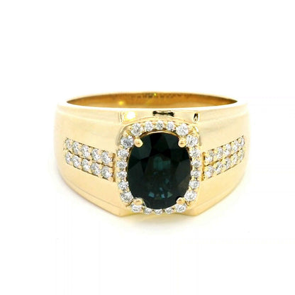 Men's 18K Gold Sapphire Ring with Diamond Halo