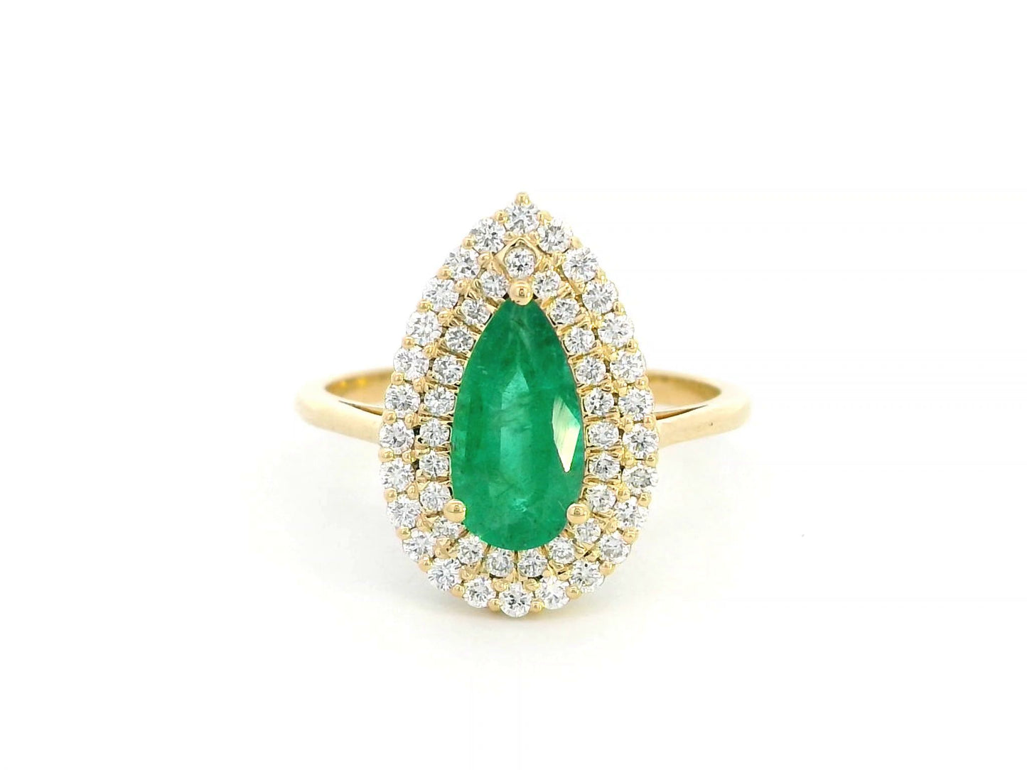 1.12 Carat Pear-Cut Emerald and 0.47 Carat Diamond Halo Ring in 18K Gold – Unique Engagement Ring