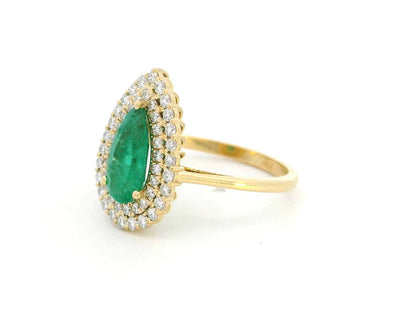 1.12 Carat Pear-Cut Emerald and 0.47 Carat Diamond Halo Ring in 18K Gold – Unique Engagement Ring