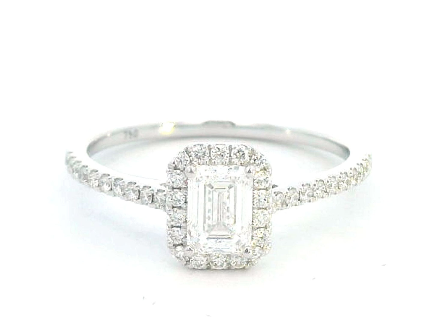 Stunning 18K White Gold Emerald Cut Diamond Engagement Ring with Halo | 0.63ct Center Diamond