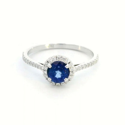 Round Cut Sapphire and Diamond Halo Ring in 18K White Gold | 0.94 Carat Sapphire & 0.24 Carats Diamonds