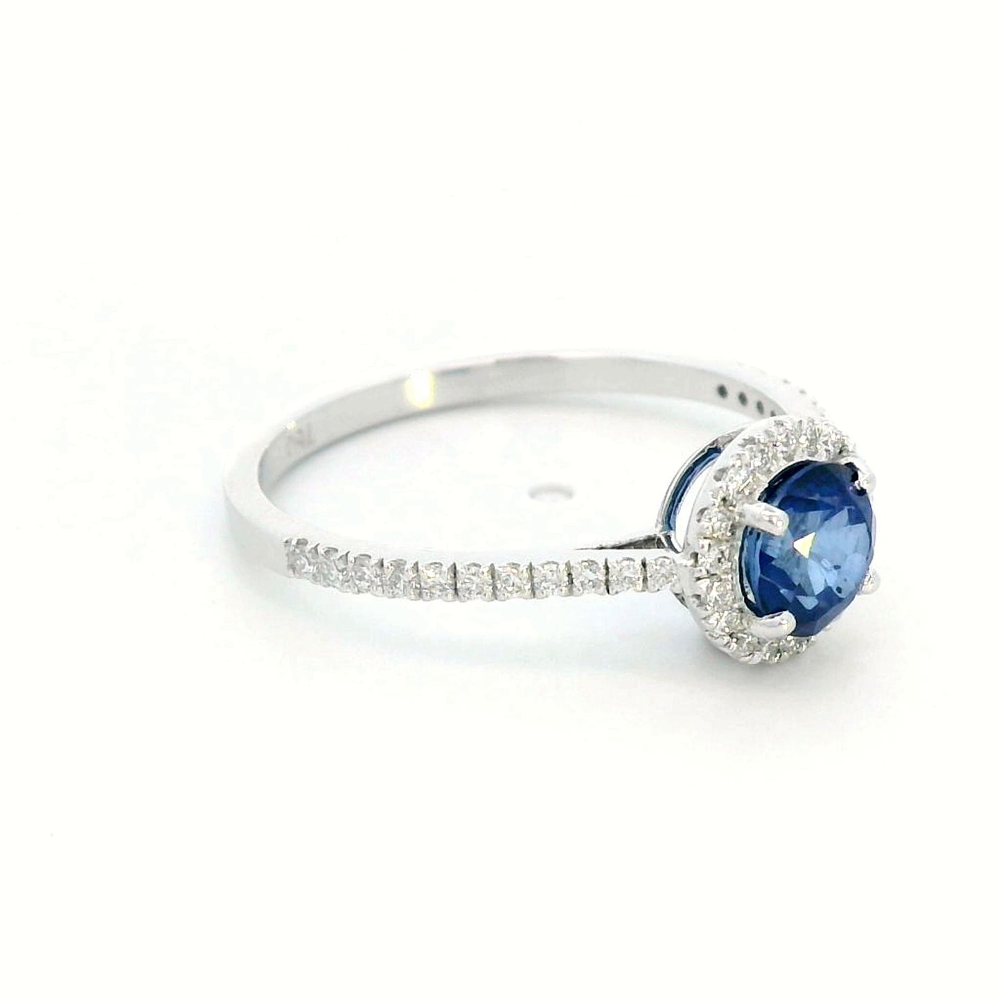 Round Cut Sapphire and Diamond Halo Ring in 18K White Gold | 0.94 Carat Sapphire & 0.24 Carats Diamonds