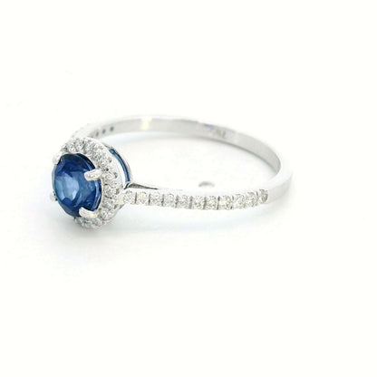 Round Cut Sapphire and Diamond Halo Ring in 18K White Gold | 0.94 Carat Sapphire & 0.24 Carats Diamonds