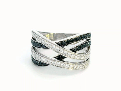 Elegant 18K White Gold Criss Cross Ring with Black & White Diamonds