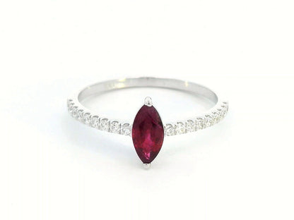 18K White Gold Marquise Ruby Ring with Diamond-Adorned Band – 0.56ct Ruby