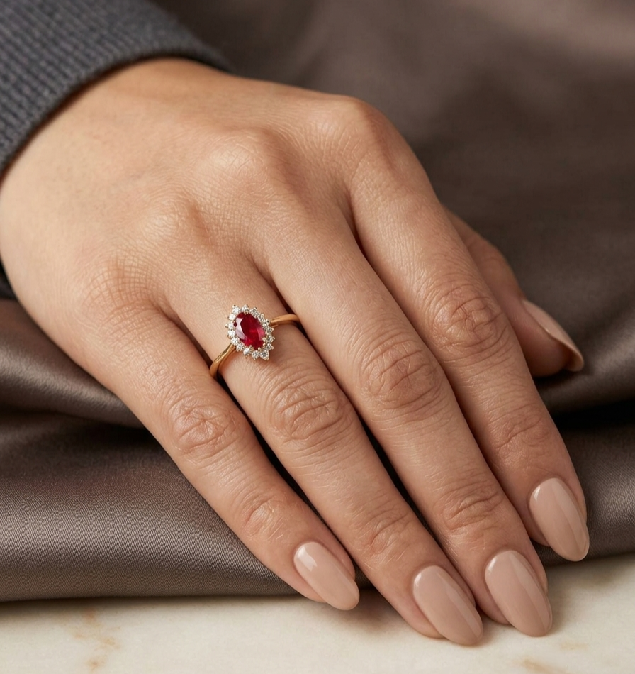 18K Yellow Gold Marquise Ruby Halo Ring with 0.67 Carat Natural Ruby and Diamond Halo
