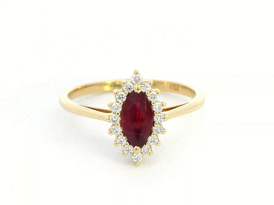 18K yellow gold marquise ruby ring with diamond halo"