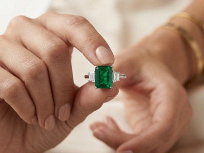 18K White Gold Emerald Three Stone Ring featuring a 3.47 carat emerald-cut natural emerald with 0.64 carat trapezoid diamonds.