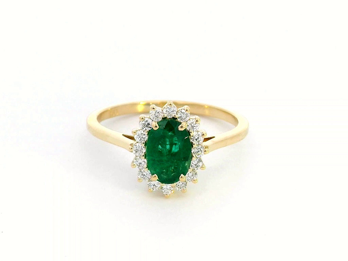 18k Yellow Gold Oval Emerald Ring with Diana-Style Diamond Halo - 0.79ct Emerald