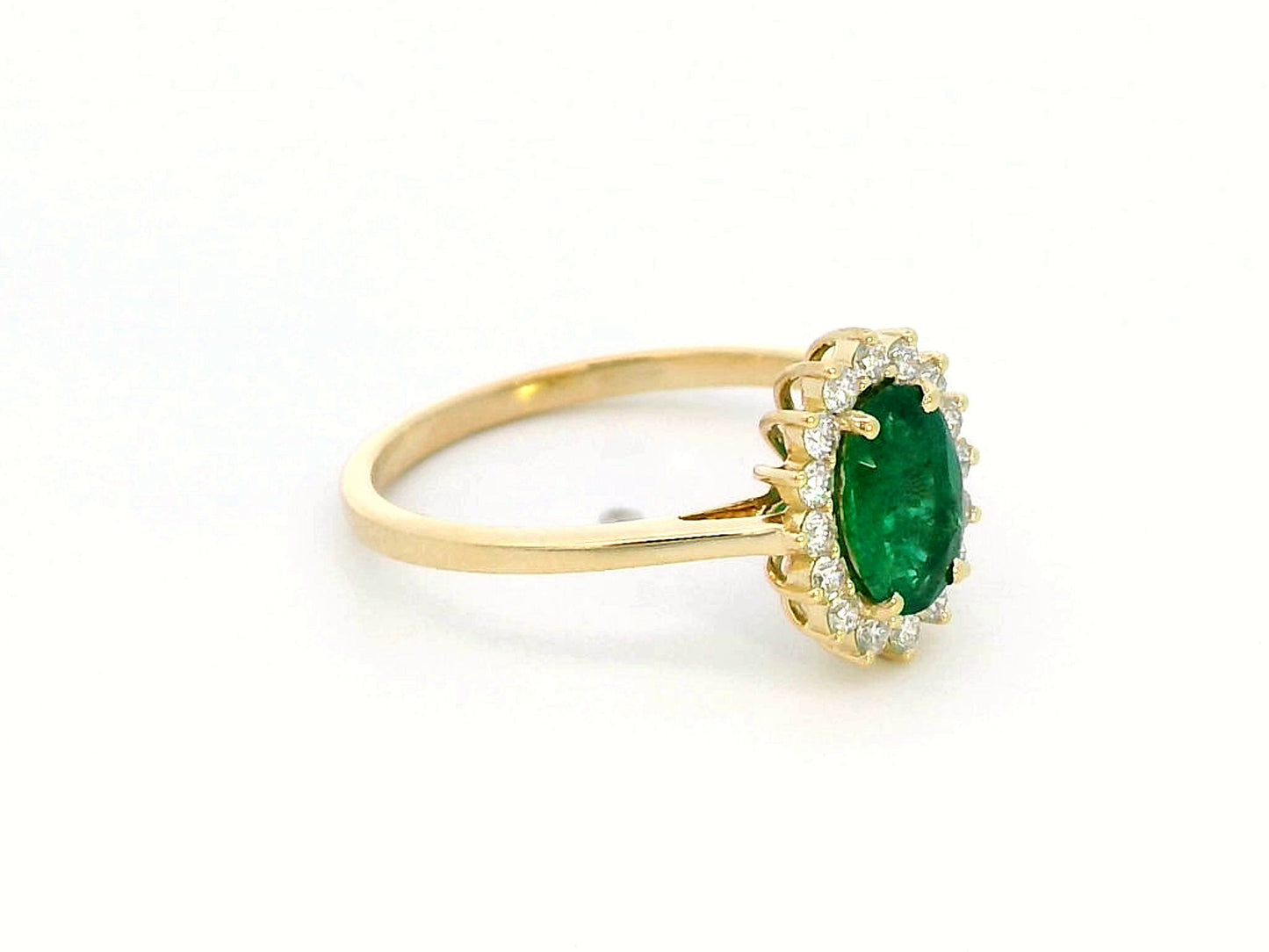 18k Yellow Gold Oval Emerald Ring with Diana-Style Diamond Halo - 0.79ct Emerald