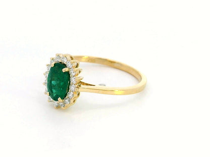 18k Yellow Gold Oval Emerald Ring with Diana-Style Diamond Halo - 0.79ct Emerald