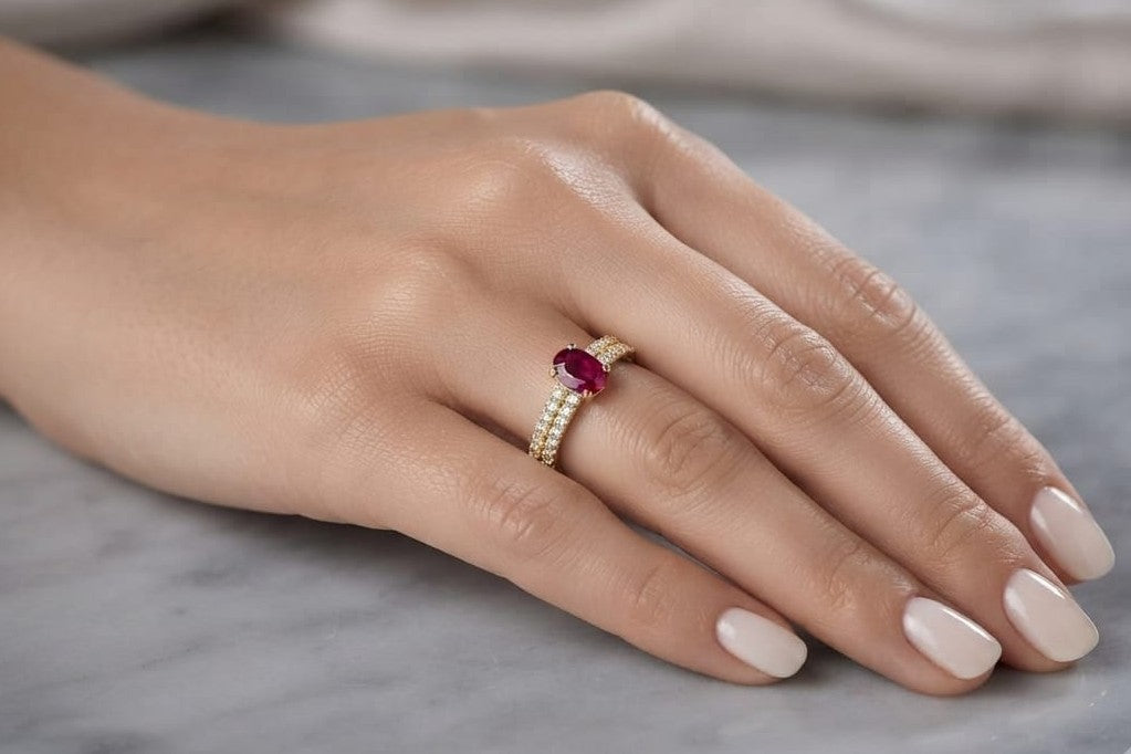 18K Yellow Gold Oval Ruby Ring with 1.14 Carat Natural Ruby and Pavé Diamond Band