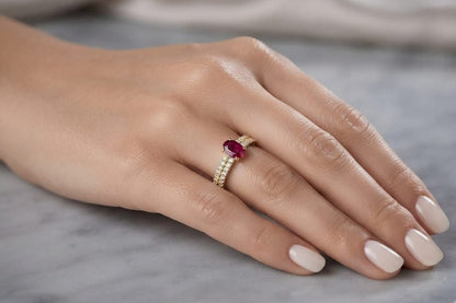 18K Yellow Gold Oval Ruby Ring with 1.14 Carat Natural Ruby and Pavé Diamond Band
