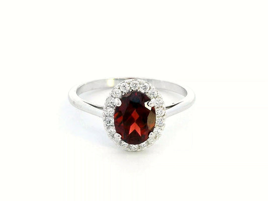 18K Gold Garnet with Diamond Halo Ring | 1.58 Carat Oval Garnet with 0.21 Carat Diamond Accents