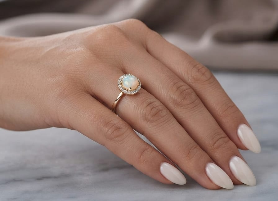 Natural opal halo ring with round opal, diamond halo and polished 18K yellow gold band.