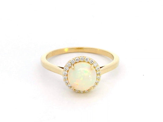 18K Yellow Gold Opal and Diamond Halo Ring – 1.00 Carat Opal & 0.12 Carat Diamonds