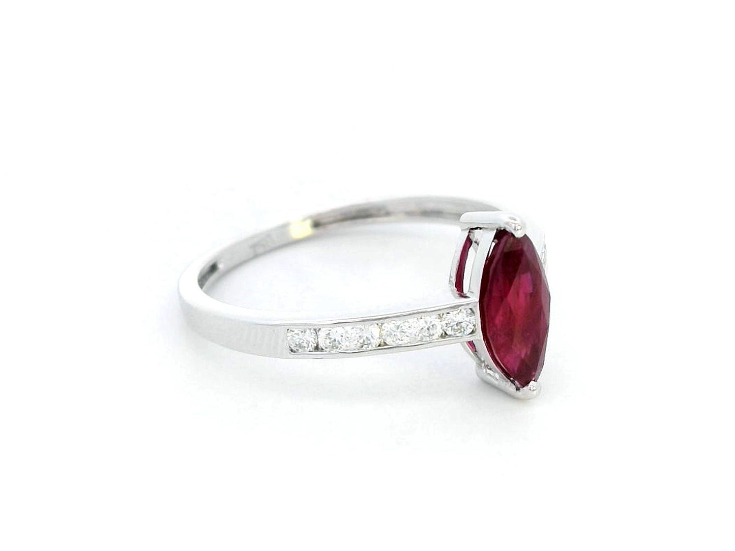  18K white gold marquise ruby and diamond ring featuring a 0.97-carat ruby and 0.21 carats of diamonds, symbolizing the July birthstone.