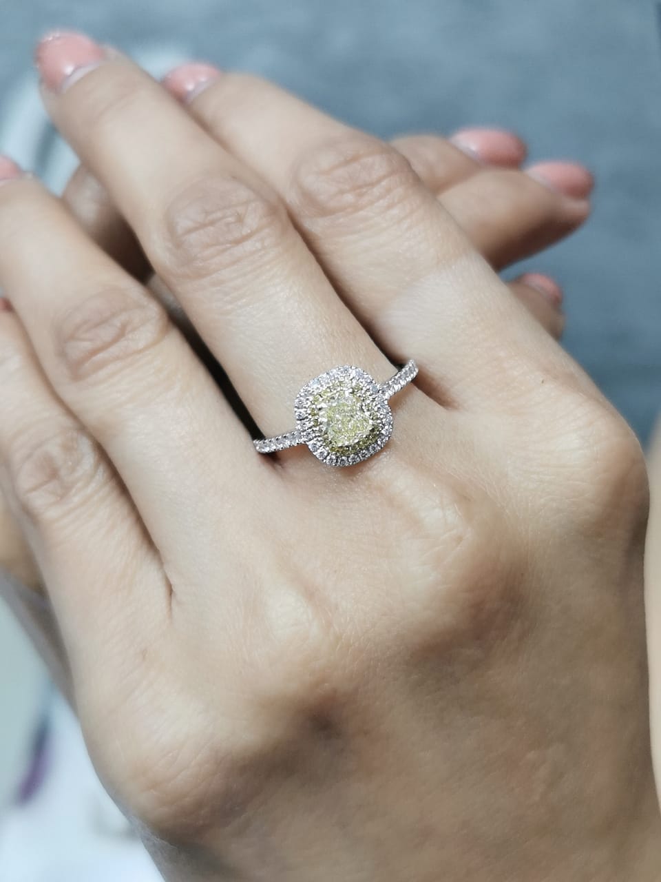 Fancy Yellow Diamond Engagement Ring in 18K White Gold | Cushion Cut Center Stone with Double Diamond Halo