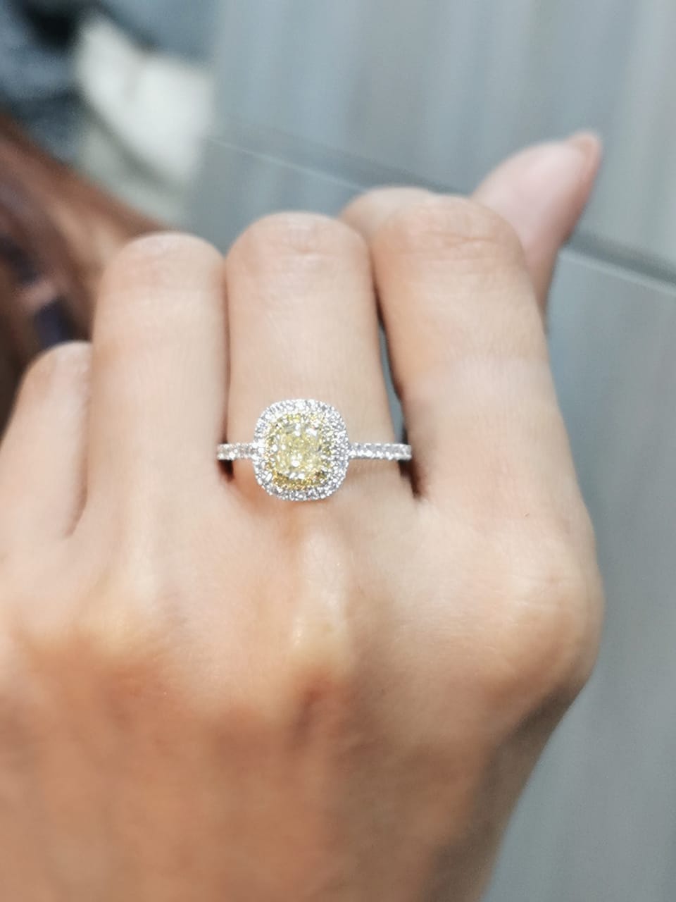 Fancy Yellow Diamond Engagement Ring in 18K White Gold | Cushion Cut Center Stone with Double Diamond Halo