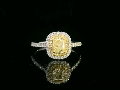 Fancy Yellow Diamond Engagement Ring in 18K White Gold | Cushion Cut Center Stone with Double Diamond Halo