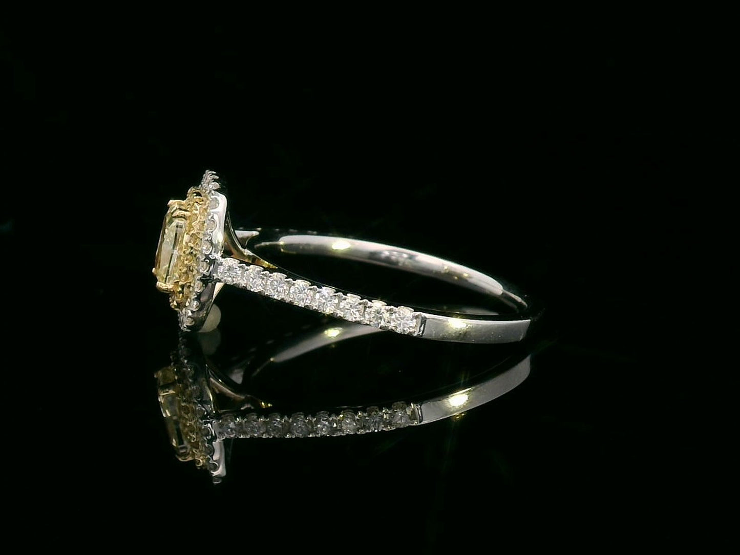 Fancy Yellow Diamond Engagement Ring in 18K White Gold | Cushion Cut Center Stone with Double Diamond Halo