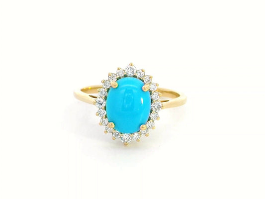 Turquoise and Diamond Halo Ring In 18k Yellow Gold l 1.83 Carat Oval Turquoise