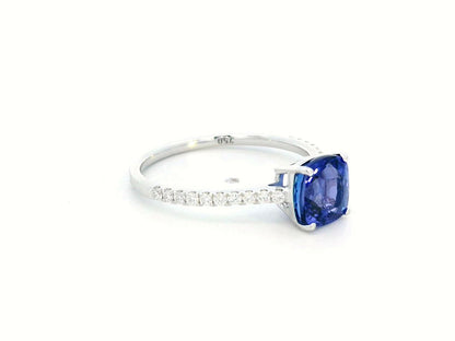 Elegant 18K White Gold Tanzanite and Diamond Ring – 1.95ct Cushion Cut Tanzanite with 0.18ct Diamonds