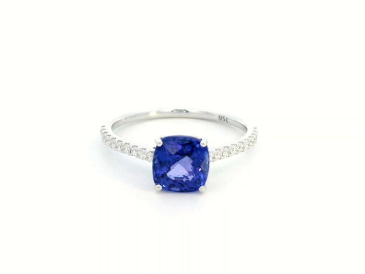 Elegant 18K White Gold Tanzanite and Diamond Ring – 1.95ct Cushion Cut Tanzanite with 0.18ct Diamonds