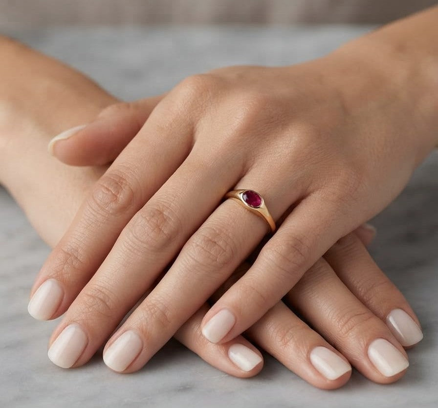 18K Yellow Gold Bezel Set Ruby Signet Ring with 0.75 Carat Natural Oval Ruby