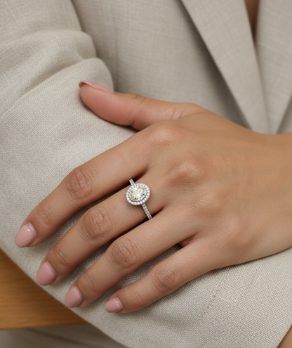 Fancy Yellow Diamond Halo Ring in 18K White Gold