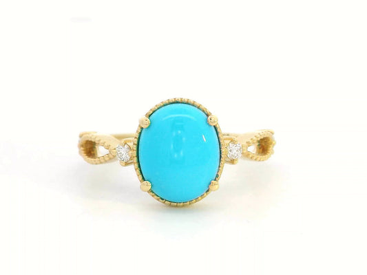 18K gold oval turquoise ring with diamond accents and vintage milgrain openwork design

