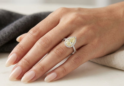 Fancy Yellow Pear Diamond Halo Ring in 18K White Gold