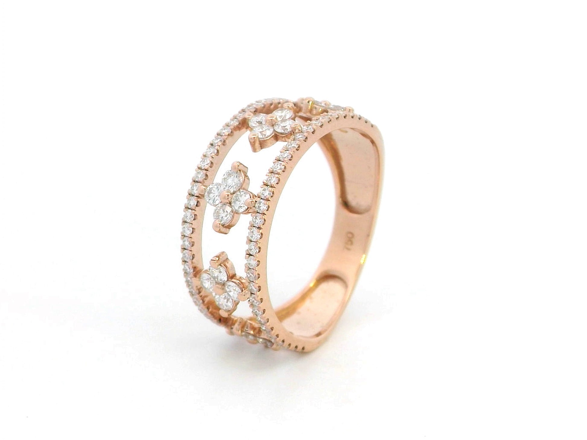 18K rose gold floral diamond band ring featuring 0.76 CT natural diamonds, with an intricate openwork design and shimmering accents.