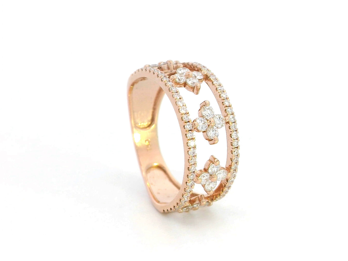 18K rose gold floral diamond band ring featuring 0.76 CT natural diamonds, with an intricate openwork design and shimmering accents.