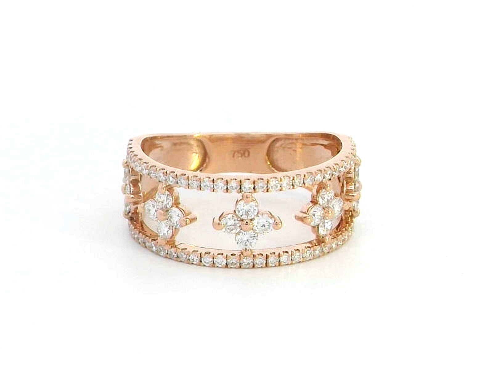 18K rose gold floral diamond band ring featuring 0.76 CT natural diamonds, with an intricate openwork design and shimmering accents.