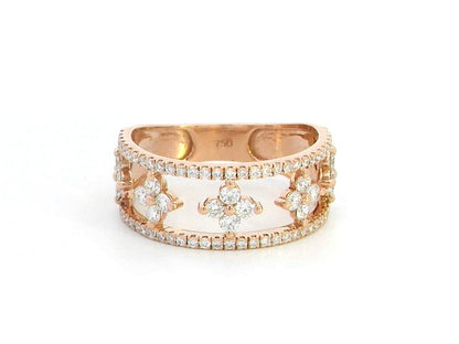 18K rose gold floral diamond band ring featuring 0.76 CT natural diamonds, with an intricate openwork design and shimmering accents.