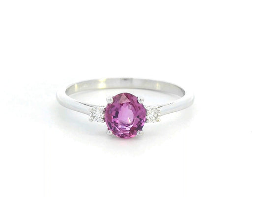 18K gold pink sapphire ring with 0.95 Ct round pink sapphire and 0.07 Ct diamond accents, luxury gemstone jewelry