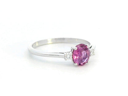 18K gold pink sapphire ring with 0.95 Ct round pink sapphire and 0.07 Ct diamond accents, luxury gemstone jewelry