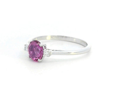 18K gold pink sapphire ring with 0.95 Ct round pink sapphire and 0.07 Ct diamond accents, luxury gemstone jewelry