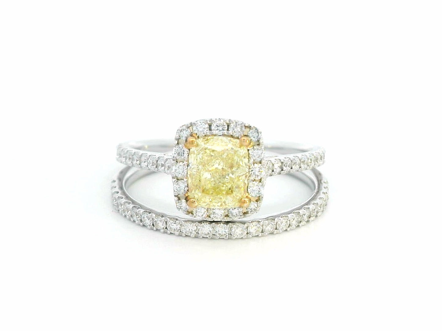 1.03 Carat Yellow Diamond Halo Engagement Ring with Matching Wedding Band in 18K Gold – Luxury Bridal Set with 0.59 Carat Diamonds