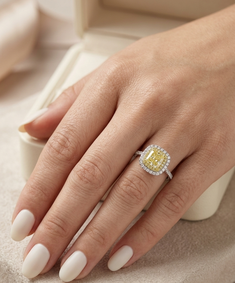 18K white gold engagement ring featuring a 1.50 carat GIA certified natural Fancy Yellow cushion cut diamond surrounded by a yellow diamond inner halo, white diamond outer halo, and diamond pavé band.