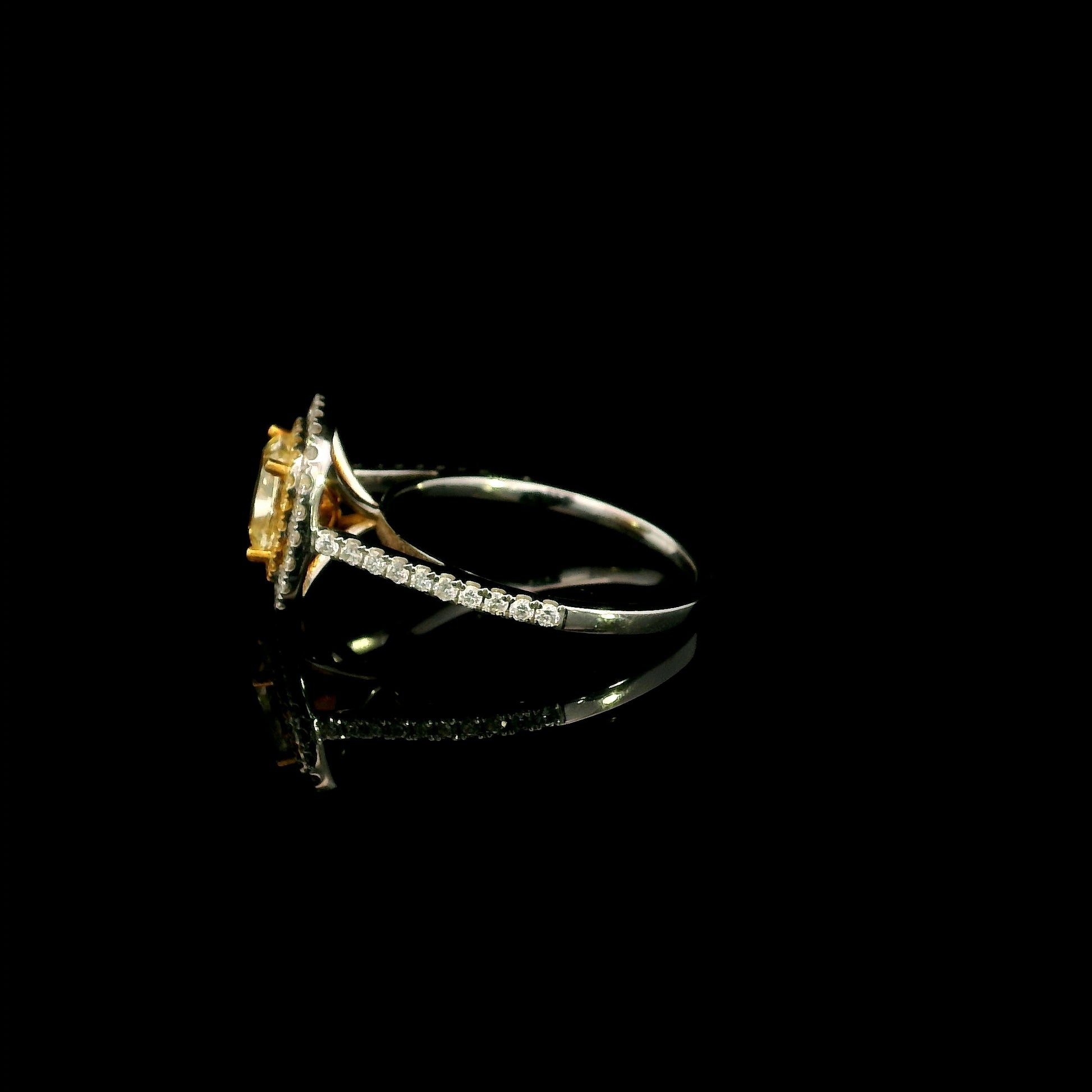 18K white gold engagement ring featuring a 1.50 carat GIA certified natural Fancy Yellow cushion cut diamond surrounded by a yellow diamond inner halo, white diamond outer halo, and diamond pavé band.