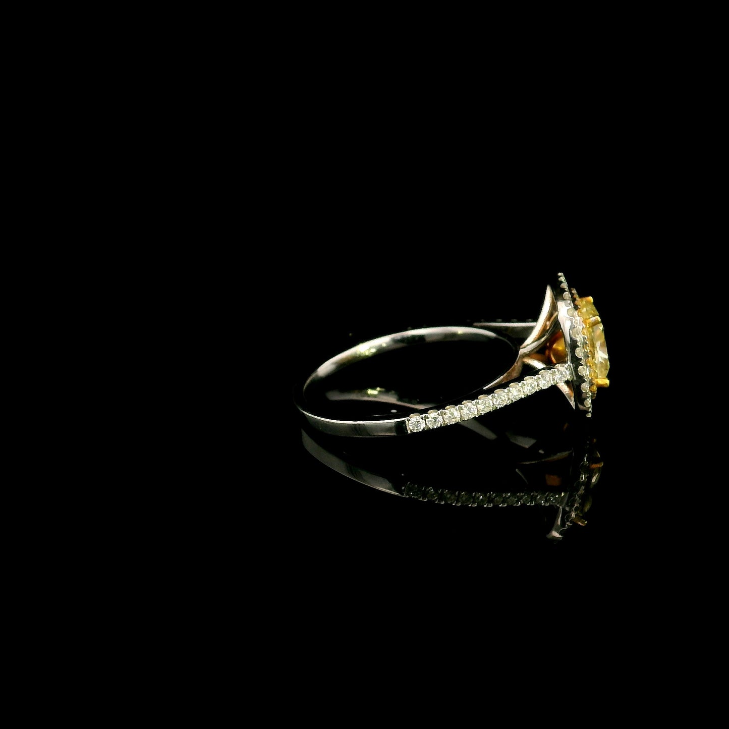 18K white gold engagement ring featuring a 1.50 carat GIA certified natural Fancy Yellow cushion cut diamond surrounded by a yellow diamond inner halo, white diamond outer halo, and diamond pavé band.
