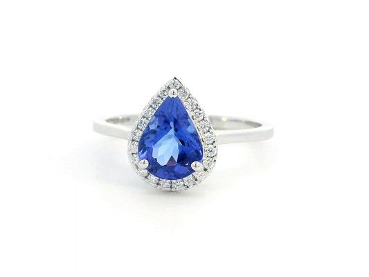 18K gold pear-shaped tanzanite halo ring with 1.60 Ct tanzanite and 0.15 Ct diamond accents, luxury gemstone jewelry