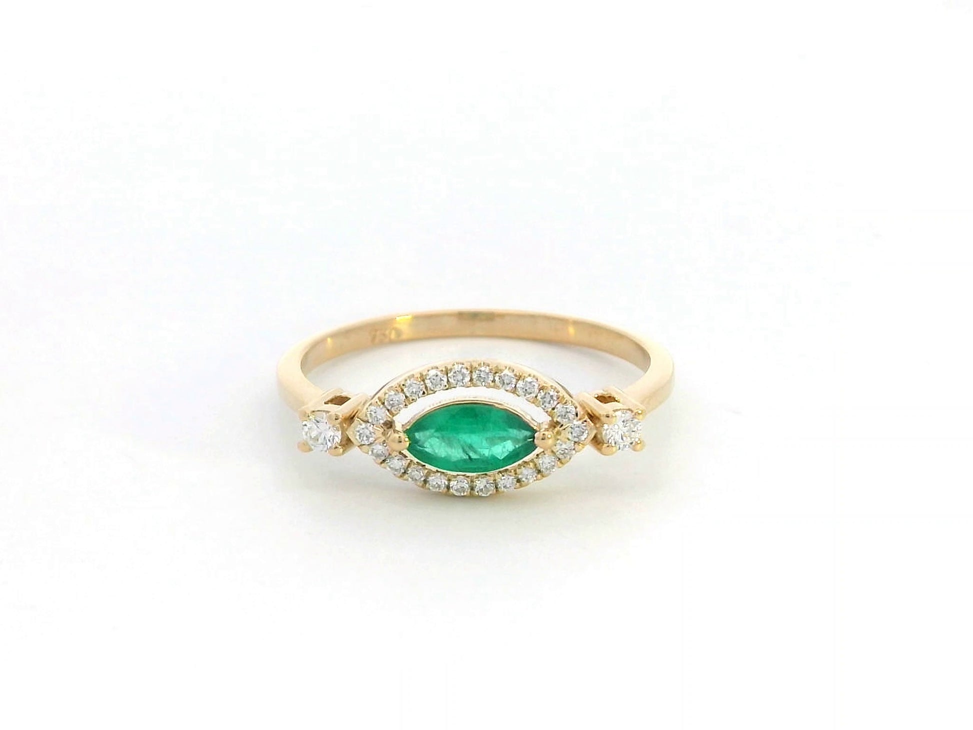 18K gold marquise emerald and diamond halo ring, 0.27ct emerald with 0.18ct diamonds, elegant fine jewelry for women.