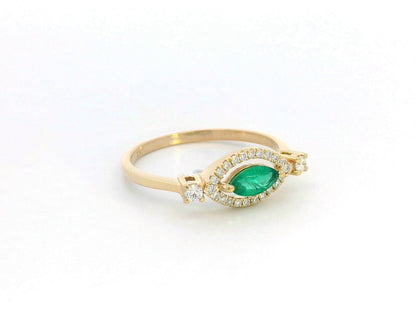 18K gold marquise emerald and diamond halo ring, 0.27ct emerald with 0.18ct diamonds, elegant fine jewelry for women.