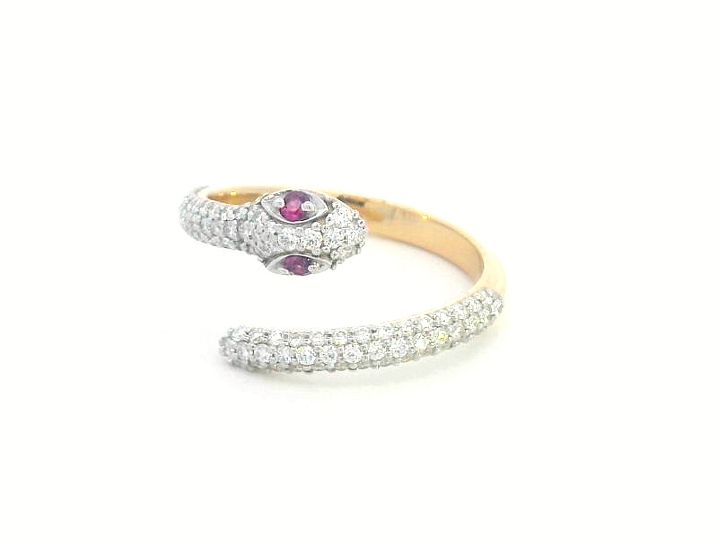 Luxury 18K Gold Snake Wrap Ring with Pavé Diamonds and Ruby Eyes – 0.60ct Diamond, 0.06ct Ruby, serpent-inspired jewelry design