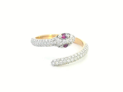 Luxury 18K Gold Snake Wrap Ring with Pavé Diamonds and Ruby Eyes – 0.60ct Diamond, 0.06ct Ruby, serpent-inspired jewelry design