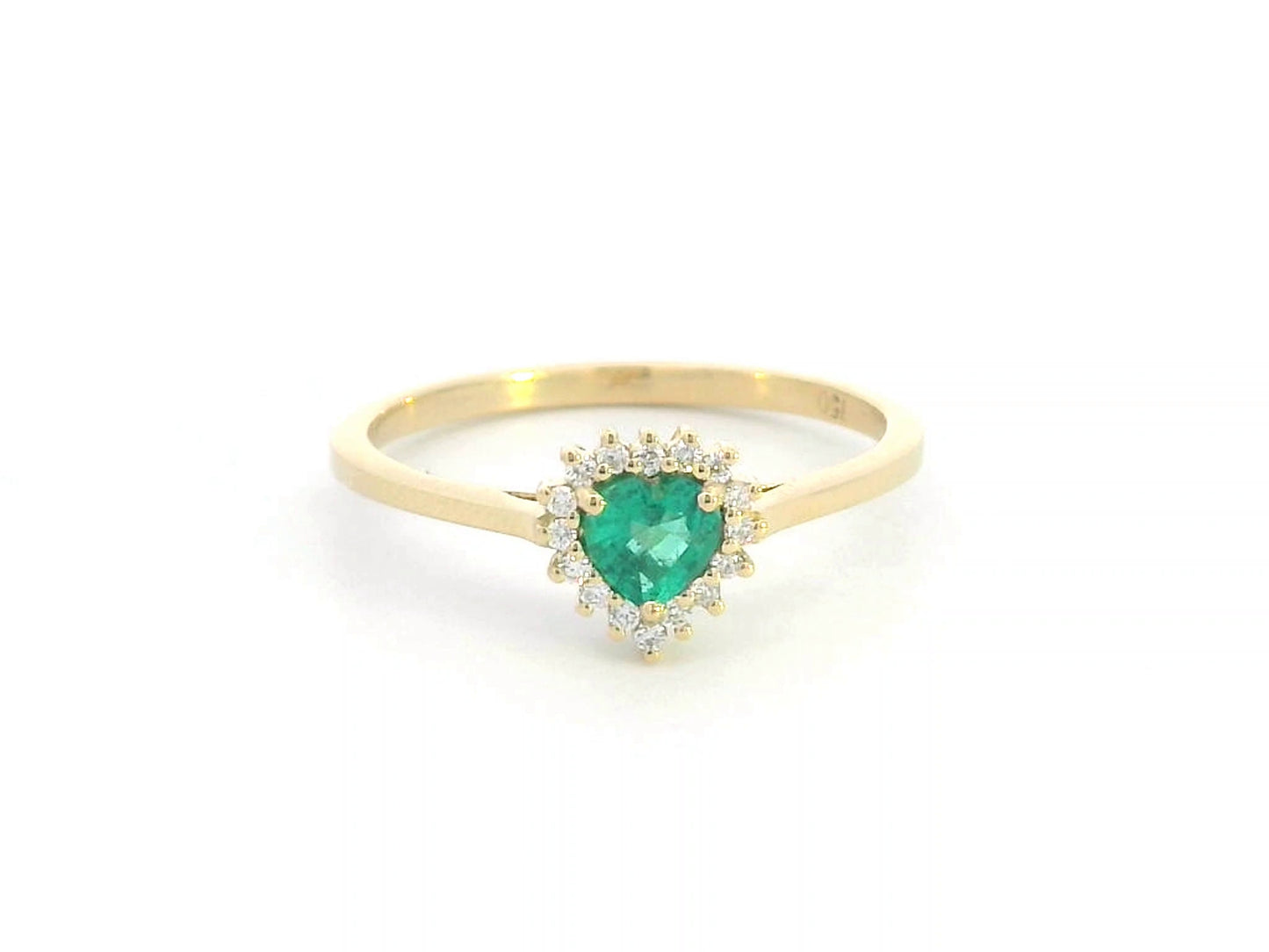 Heart-shaped emerald and diamond halo ring in 18K yellow gold, 0.31 CT emerald, 0.08 CT diamonds, romantic fine jewelry