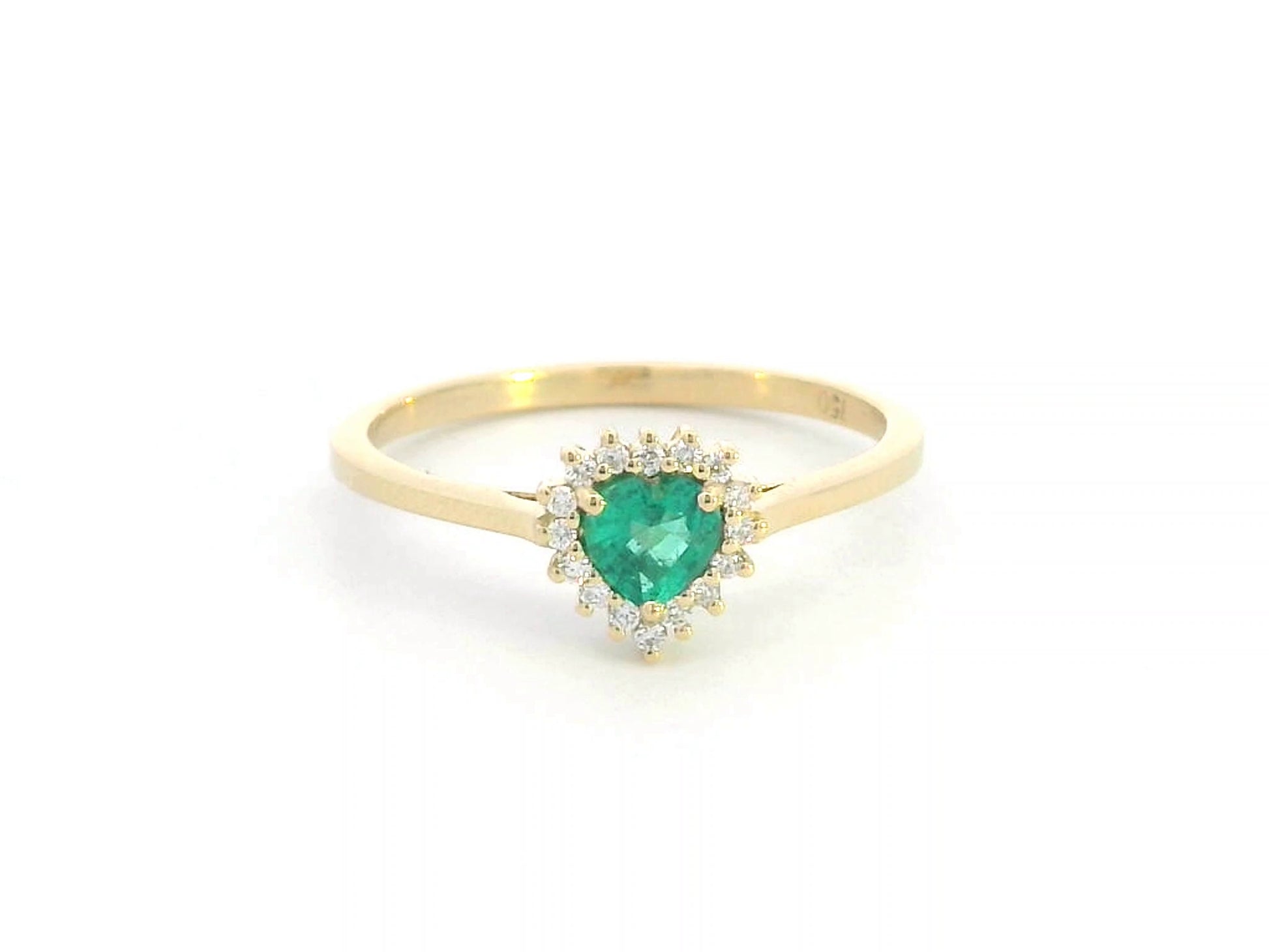 Heart-shaped emerald and diamond halo ring in 18K yellow gold, 0.31 CT emerald, 0.08 CT diamonds, romantic fine jewelry